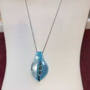 Elegant Artisan Blue Glass Pendant w/ silver tone chain included
